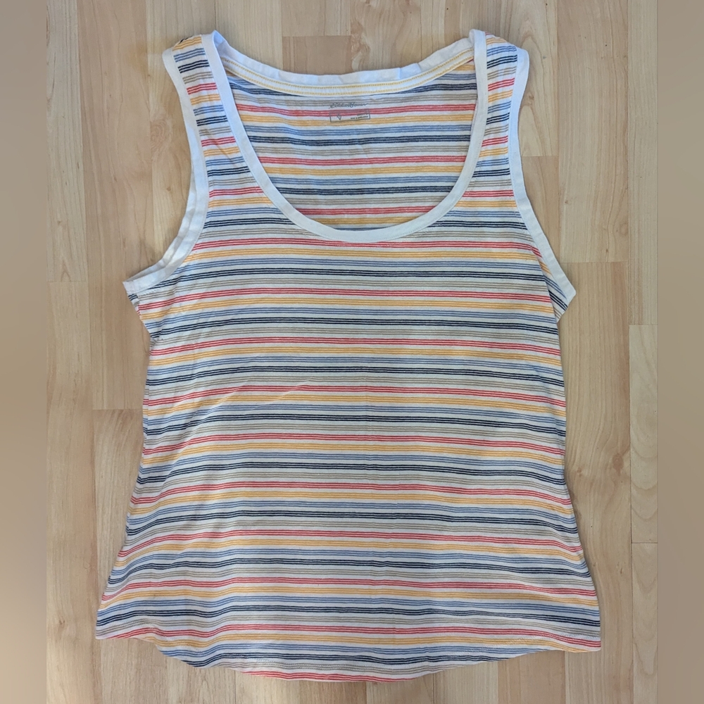 Striped U-Shape Eddie Bauer Tank Top Size Small Color Blue Yellow Red Tan White